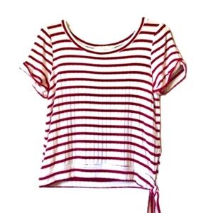 ANNIE 50 Red Striped Stretchy Nautical Top Waist Tie Short Cuffed Sleeves XS